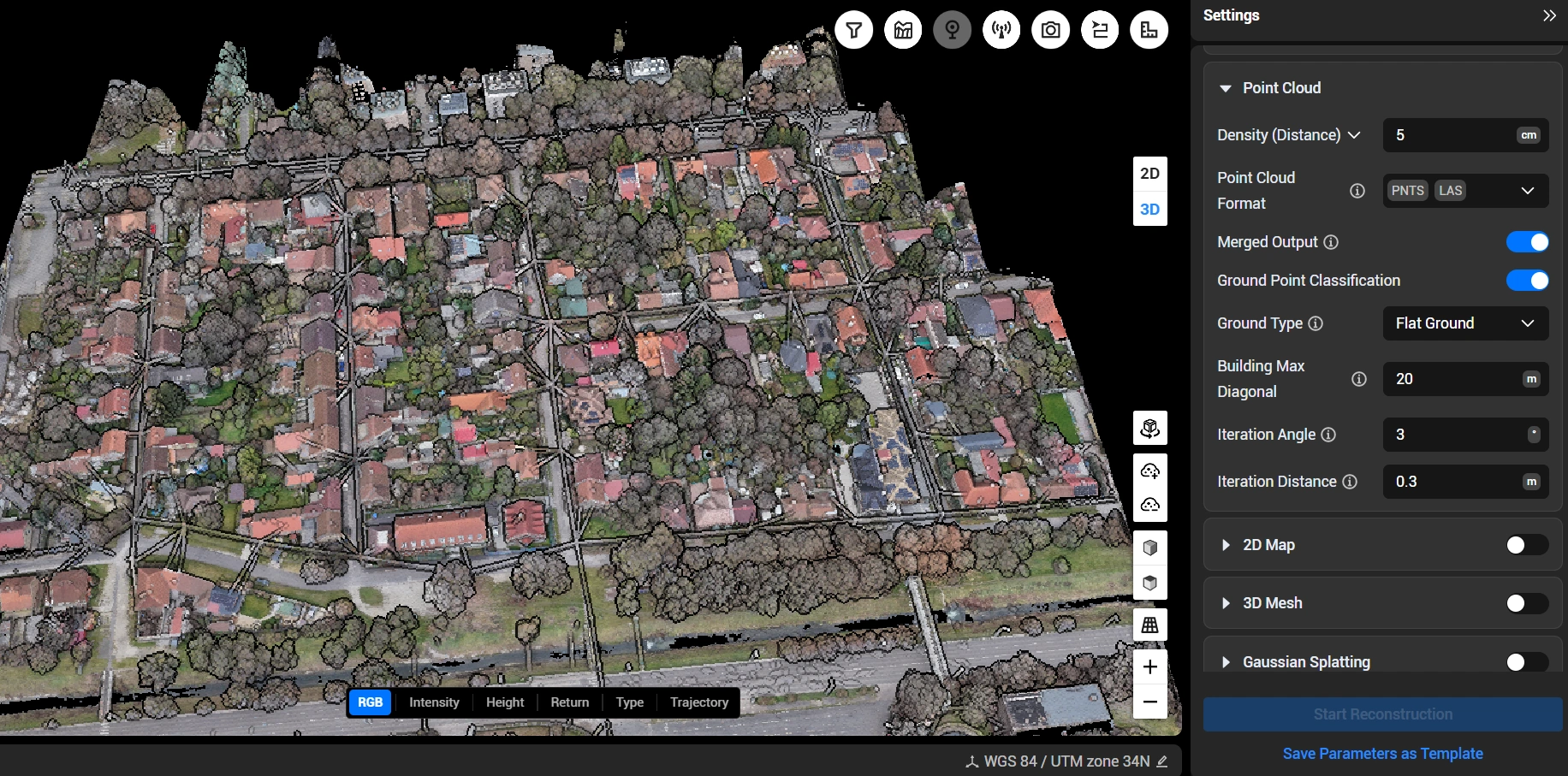 Nor de puncte RGB în software de procesare LiDAR