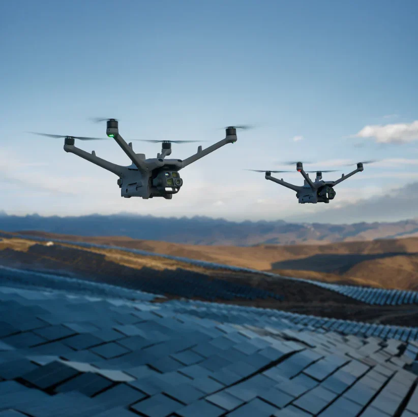 Drone DJI Matrice 4D Series în zbor deasupra panourilor fotovoltaice